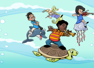 illustration of kids playing instruments and riding on sea animals