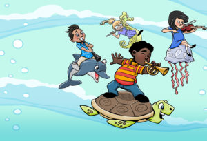 illustration of kids playing instruments and riding on sea animals